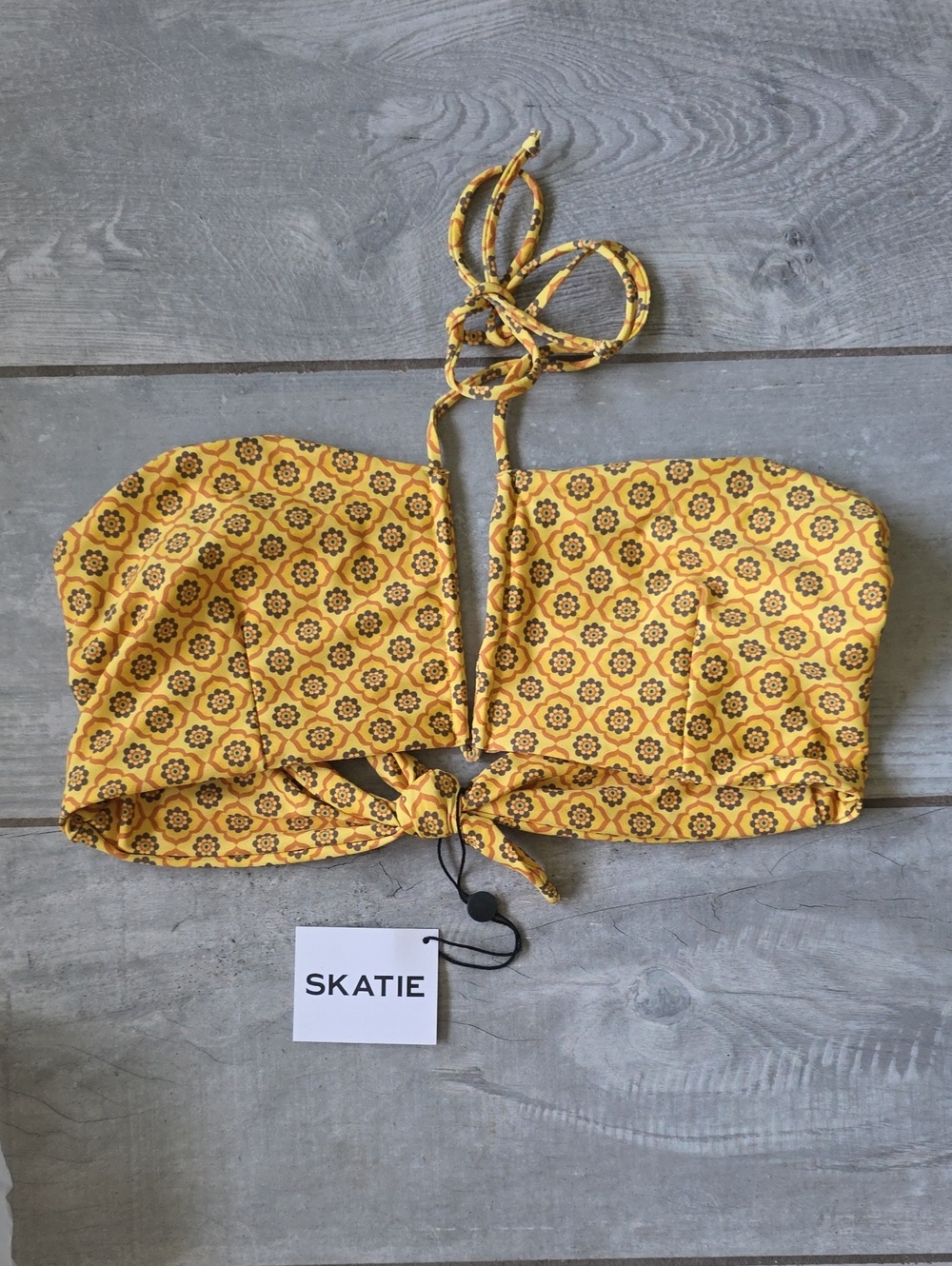 Hard to find! Skatie Luli top in KAUAI Yellow Floral Tie-Back Bandeau Bikini Top
